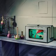 A cartoonish tv and bottles